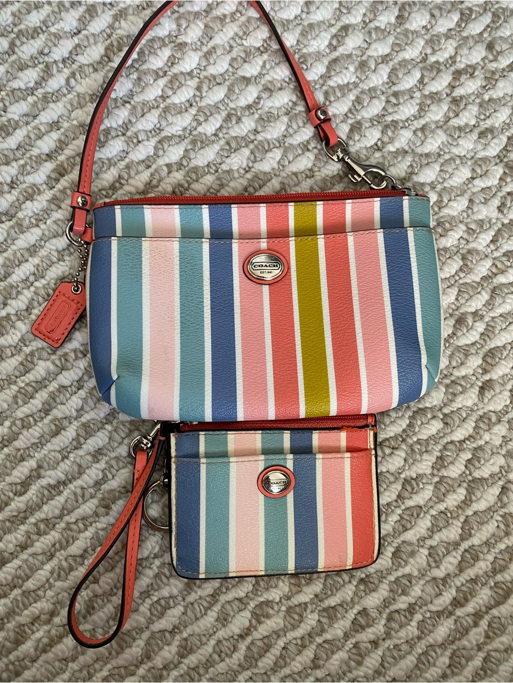 Vintage Y2K Coach Coral Trim Multicolor Vertical Stripe Wristlet & Card Case